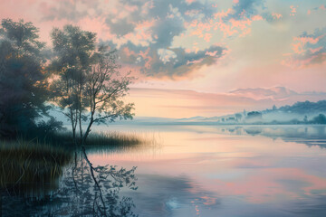 Illustration of tranquil lake with vegetation shore at dawn reflects soft pastel hues of sky creating harmonious landscape that embodies serenity.