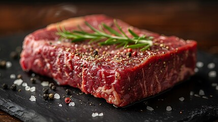 A close-up shot of a T-Bone steak garnished with coarse sea salt and cracked black pepper, highlighting the intricate marbling and juicy, tender texture, set on a dark slate plate for contrast