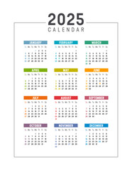 Year 2025 American colorful calendar on white background, weeks start Sunday, USA vacations, vector template in English