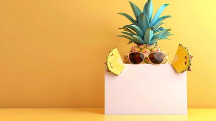 smiling pineapple with sunglasses holding blank panel sign tropical fruit character aigenerated 3d illustration