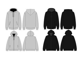 Black White Long Sleeves Sweatshirt Hoodie Template Apparel Blank Hoodie Sweatshirt Vector Fashion Illustration Streetwear Black Sweater Hoodie Flat Technical Drawing CAD Mockup Sweatshirt © sigraphics.co