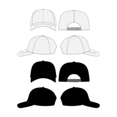 Set of Streetwear  Hats Mockup Vector Plain Baseball Cap Streetwear Trucker Hat Snap Back Technical Drawing Illustration Blank Street Wear Mock-up Template for Design Tech Packs CAD Strap Mesh Hat Cap