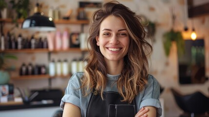 smiling young hairdresser in trendy beauty salon modern womens barbershop interior