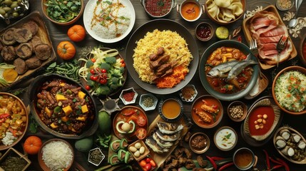 Fototapeta premium Breakfast served with coffee, orange juice, egg, rolls and honey. Balanced diet.