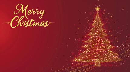 copy space, luxury happy merry christmas card with golden glitter line drawing of an elegant christmas tree, red background, text " Merry Christmas". Christmas greeting card, elegant, expensive design