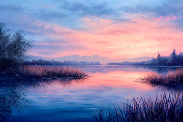 Illustration of peaceful dawn view showcases motionless lake mirroring soft pastel tones of sky highlighting beauty of tranquil solitude.
