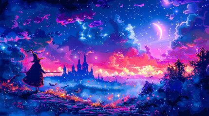 Fototapeta premium Pixel art scene of witch walking towards mystical castle under starry sky with glowing crescent moon, capturing magical Halloween atmosphere. Ideal for Halloween games or retro gaming design