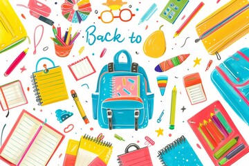 A dynamic collage of colorful school supplies, including notebooks, crayons, and backpacks, forming a captivating backdrop for the text 'Back to School'. 