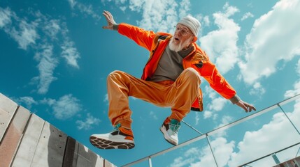 Senior Man Jumping in Urban Outfit
