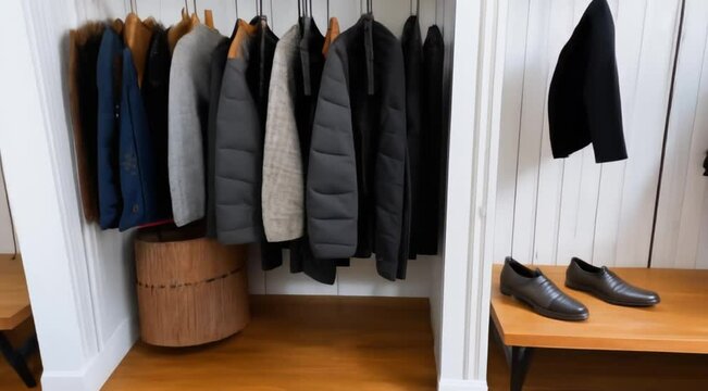 A Scandinavian mudroom with builtin wooden benches, open cubbies for shoes, and simple hooks for outerwear