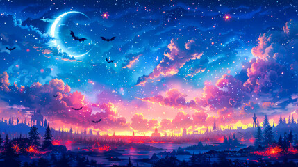 Obraz premium Enchanting Halloween night sky with glowing crescent moon, bats flying across starry clouds, and spooky forest below. Perfect for creating eerie yet magical atmosphere for Halloween-themed designs