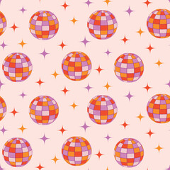 Colorful Disco Balls with starbursts in orange, pink and red on light cream background. For fabric, textile and party invitations.