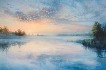 Illustration of peaceful solitude is perfectly in tranquil early light where soothing of dawn sky meet still lake's reflective calm.