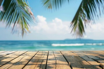Top of wood table with seascape and palm leaves, blur bokeh light of calm sea and sky at tropical beach background. Empty ready for your product display montage. summer vacation background concept