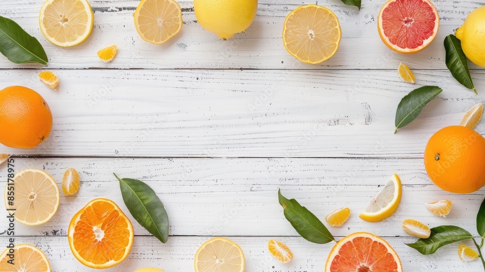 Sticker composition of citrus fruits on a white wooden surface