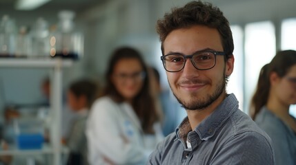 Obraz premium a man with glasses standing in front of a group of people in a lab area with beakers on