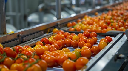 a conveyor belt with lots of tomatoes on it in a factory