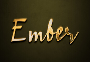 Old gold text effect of name Ember with 3D glossy style Mockup.