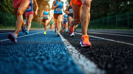 Female athletes running race on the track. sweaty and excited runner