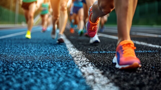 Female athletes running race on the track. sweaty and excited runner