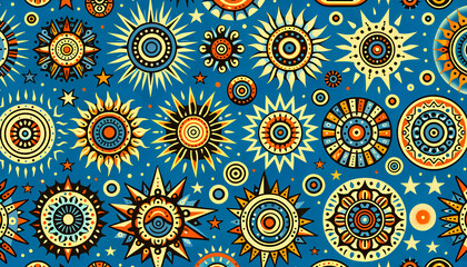 Horizontal pattern depicting various suns on a blue background
