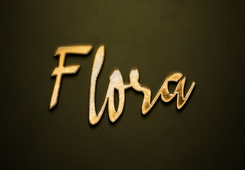 Old gold text effect of name Flora with 3D glossy style Mockup.