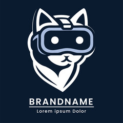 Modern dog with VR glasses, sleek pet technology logo, innovative digital branding