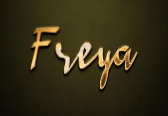 Old gold text effect of name Freya with 3D glossy style Mockup.