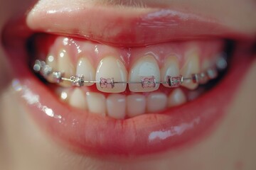 Close-up of teeth with braces and colorful rubber bands. Macro shot for dental health and orthodontic care.