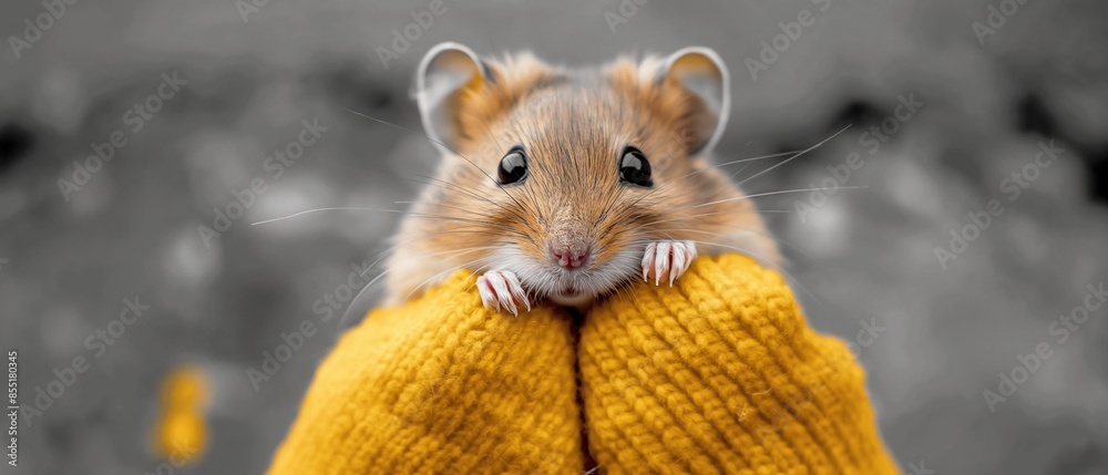 Wall mural AI generator image of 
a cute field mouse climbing a dandylion to eat the petals