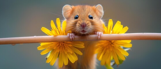 AI generator image of 
a cute field mouse climbing a dandylion to eat the petals