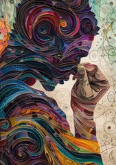 A person trapped in a never-ending cycle of thoughts, represented by swirling patterns and colors.