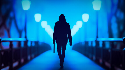 Full growth silhouette of a dangerous man wearing hood and holding metal bar in the hand, night city street background. True crime podcast cover.