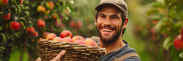 A sailor returning to his family's farm, holding a basket of freshly picked apples and smiling at the camera.