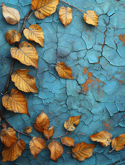 Golden Leaves on Blue Cracked Background