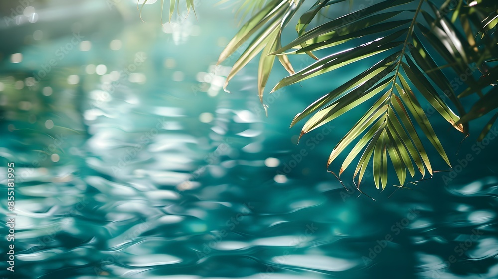 Wall mural Tranquil Tropical Landscape with Blurred Palms and Reflecting Water for Relaxing and Copy Space