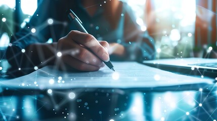 Closeup of hands signing a business contract on a sleek digital device, with a futuristic office setting, highlighting the blend of technology and business