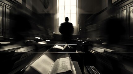 Dark courtroom with a silhouette of a judge and blurred faces of defendants, surrounded by legal books and documents, evoking a sense of fear and uncertainty