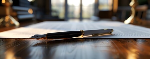 Elegant fountain pen resting on a document, close-up shot with blurred background, symbolizing writing, business, or legal matters.