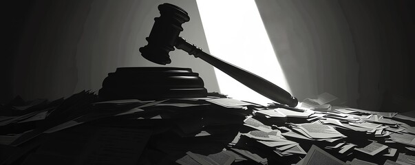 Gavel casting a long, dark shadow over a pile of legal papers and a broken scale of justice, symbolizing corruption and the dark side of the law