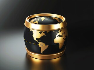 Golden globe-shaped barrel with a detailed world map on a black background symbolizing global trade and international commerce.