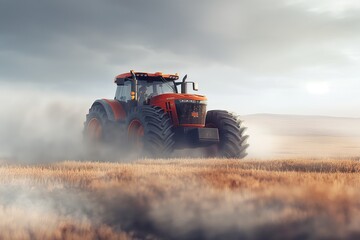 Dynamic shot of a red tractor in action amidst a dusty field, capturing the intensity of agricultural work