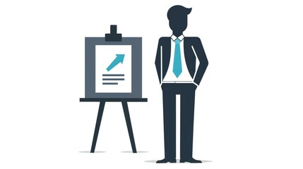 Human icon with a tie and a presentation board, modern, blue and gray tones, vector art, symbolizing business meetings and presentations, sleek and professional
