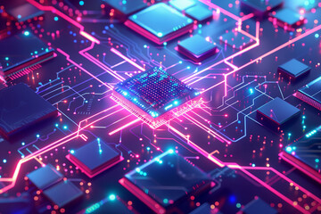 Obraz premium Futuristic Digital Landscape with Glowing Neon Circuitry and Advanced Microchip Technology Overlaid on Intricate Electrical Pathways