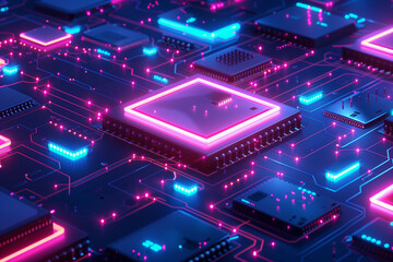 Futuristic Digital Circuit Board with Glowing Neon Lights, Computer Chips and Circuitry in a High-Tech Environment