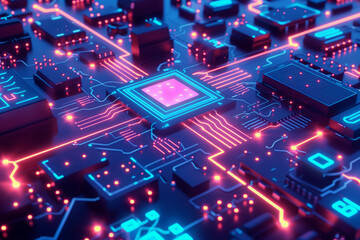 Obraz premium Futuristic Digital Landscape with Glowing Circuits and Microchips, High-Tech Circuit Board Design Featuring Neon Blue and Pink Lights, Intricate Network of Electronic Components
