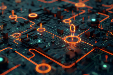 Futuristic Circuit Board with Neon Orange Highlights and 3D Components on a Dark Background, Featuring Detailed Electronic Pathways and Glowing Connections
