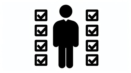 Black silhouette of a person surrounded by checklists, symbolizing task management, completion, and organized productivity.