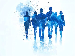 Abstract watercolor illustration of a diverse group of people walking together, symbolizing unity and teamwork in vibrant blue shades.