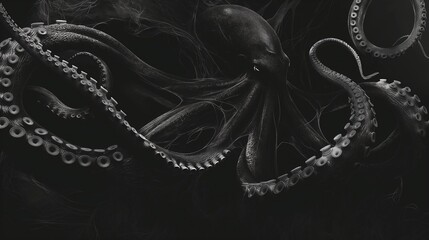 Background with octopus, black and white, AI-generative